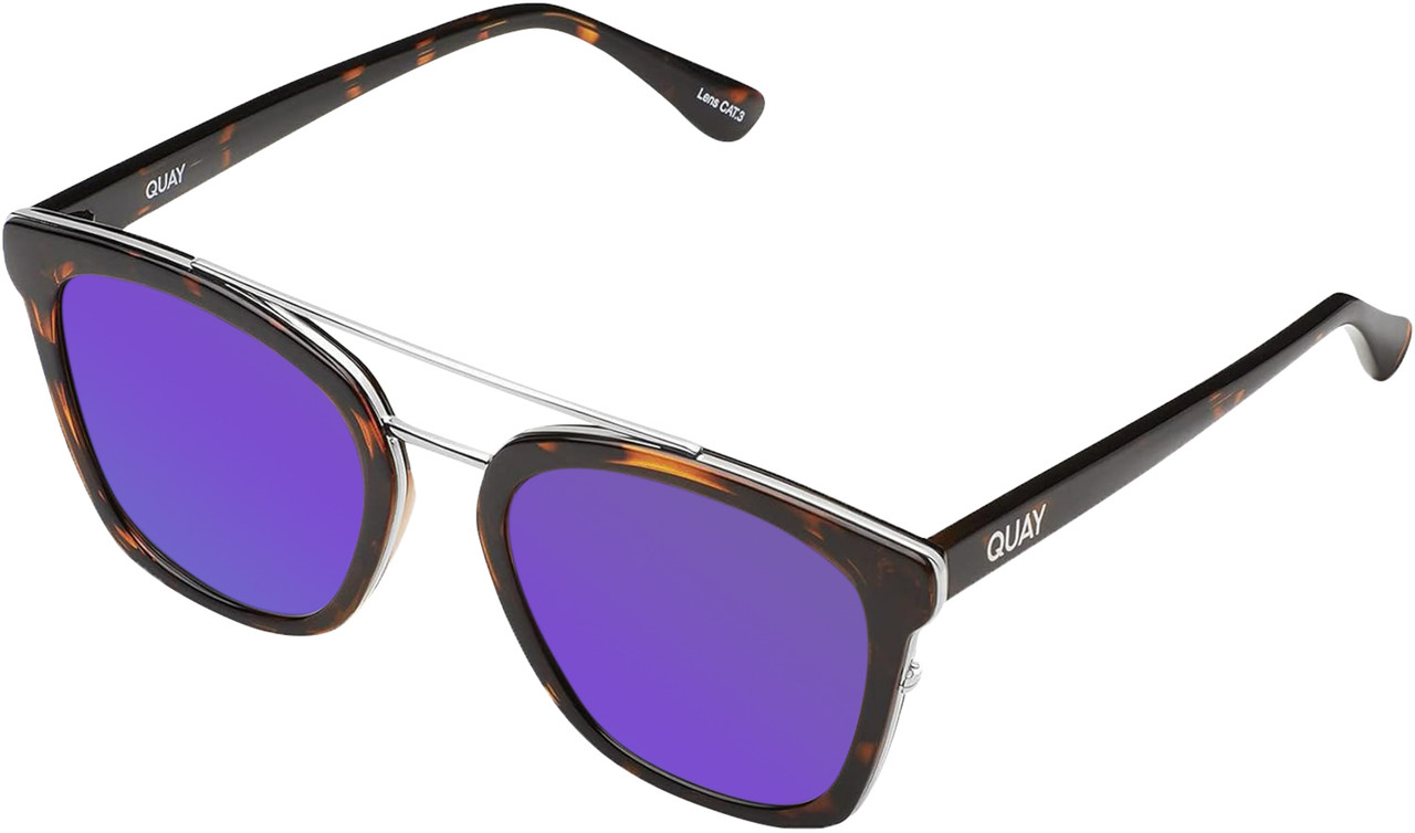 Profile View of QUAY Sweet Dreams Panthos Polarized Sunglasses in Brown Tortoise 54 mm 10 OPTIONS with Custom Cut Polarized Purple Mirror Lenses