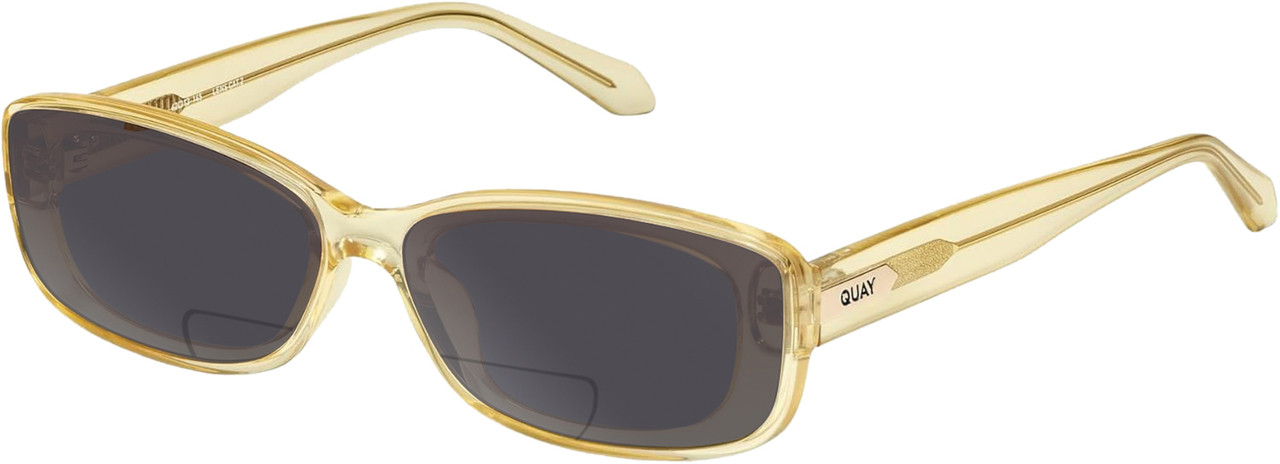 Profile View of QUAY Australia Vibe Check Designer Polarized Reading Sunglasses with Custom Cut Powered Smoke Grey Lenses in Yellow Ladies Square Full Rim Acetate 62 mm