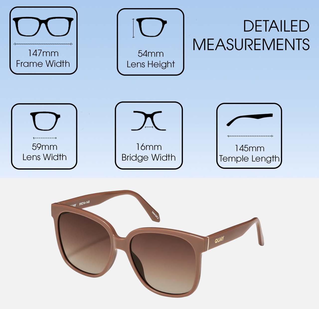 Dimensions and Measurements Illustration of QUAY Wide Awake Women's Panthos Polarized BI-FOCAL Sunglasses in Gloss Tan Brown 59mm