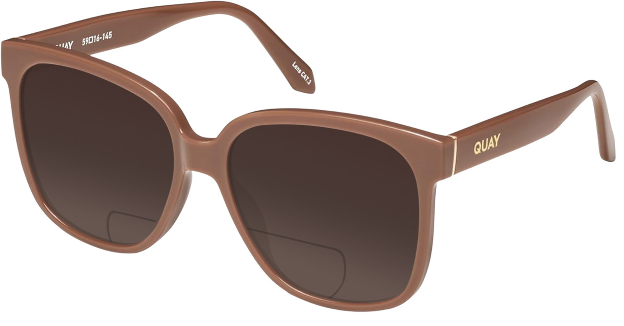 Profile View of QUAY Australia Wide Awake Designer Polarized Reading Sunglasses with Custom Cut Powered Amber Brown Lenses in Gloss Tan Brown Ladies Panthos Full Rim Acetate 59 mm