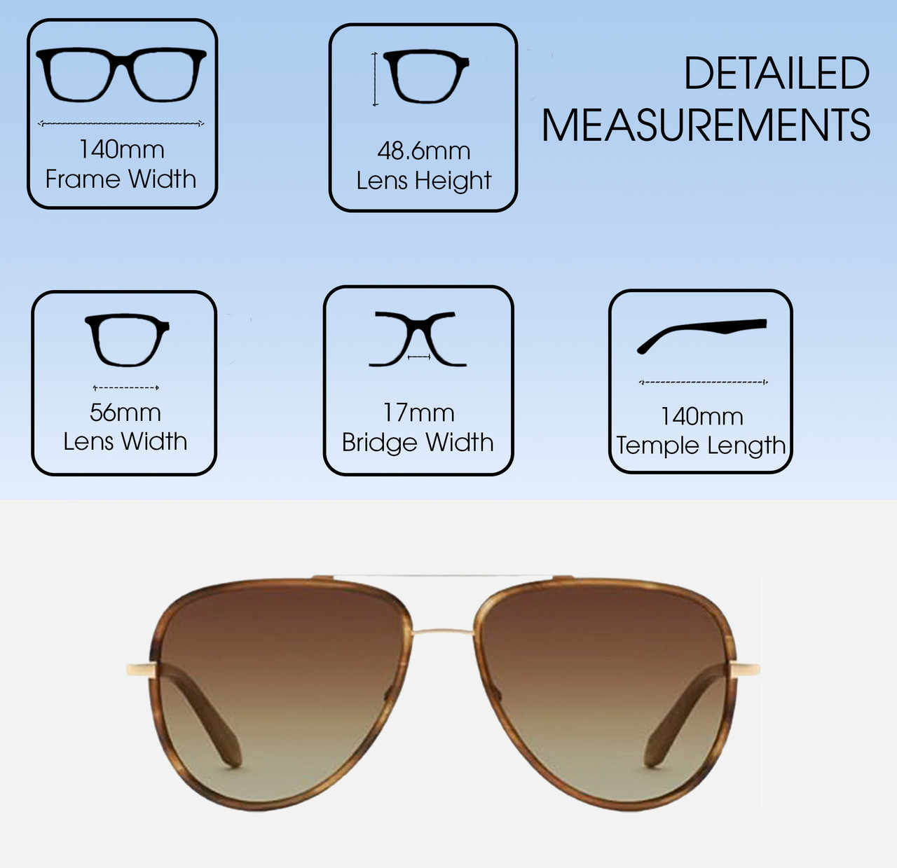 Dimensions and Measurements Illustration of QUAY Australia All In Mini Unisex Pilot Sunglasses in Gold Tortoise/Brown 56 mm