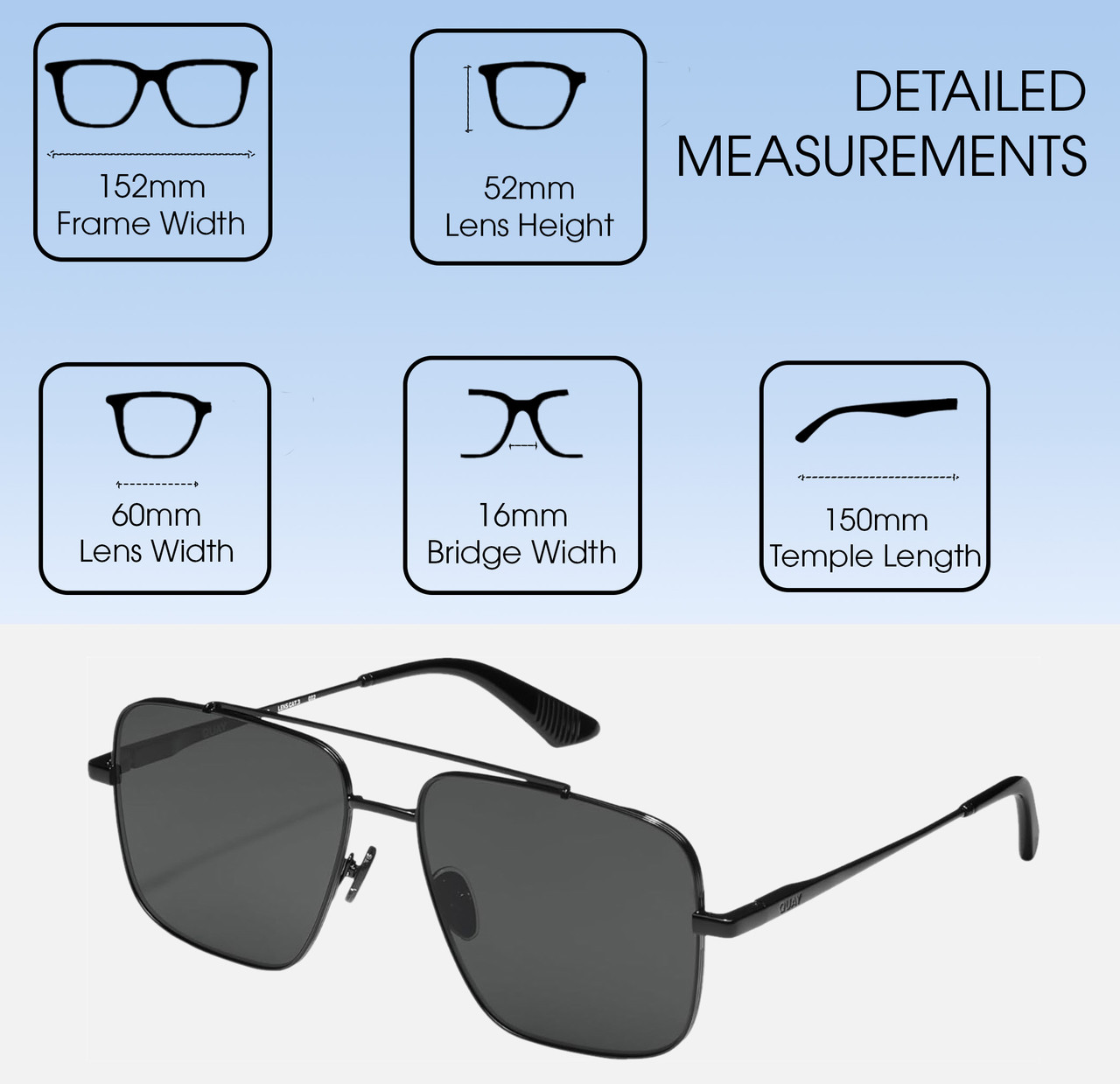 Dimensions and Measurements Illustration of QUAY Australia Level Out Unisex Square Designer Sunglasses Shiny Black/Black 60mm