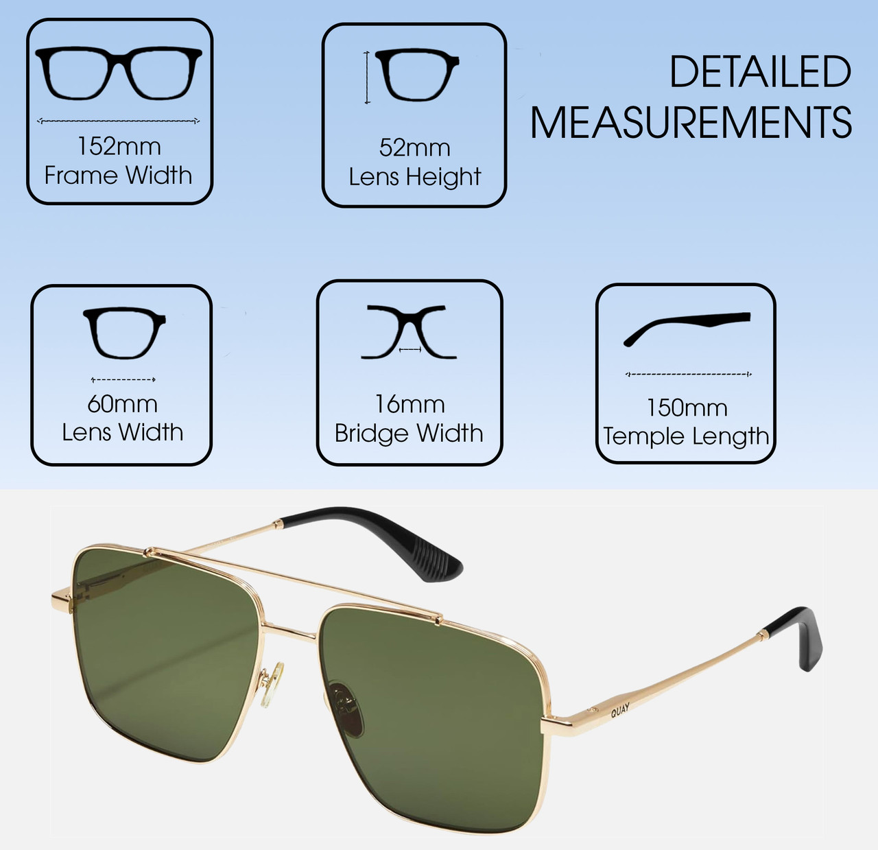 Dimensions and Measurements Illustration of QUAY Australia Level Out Square Full Rim Designer Sunglasses in Gold/Green 60 mm