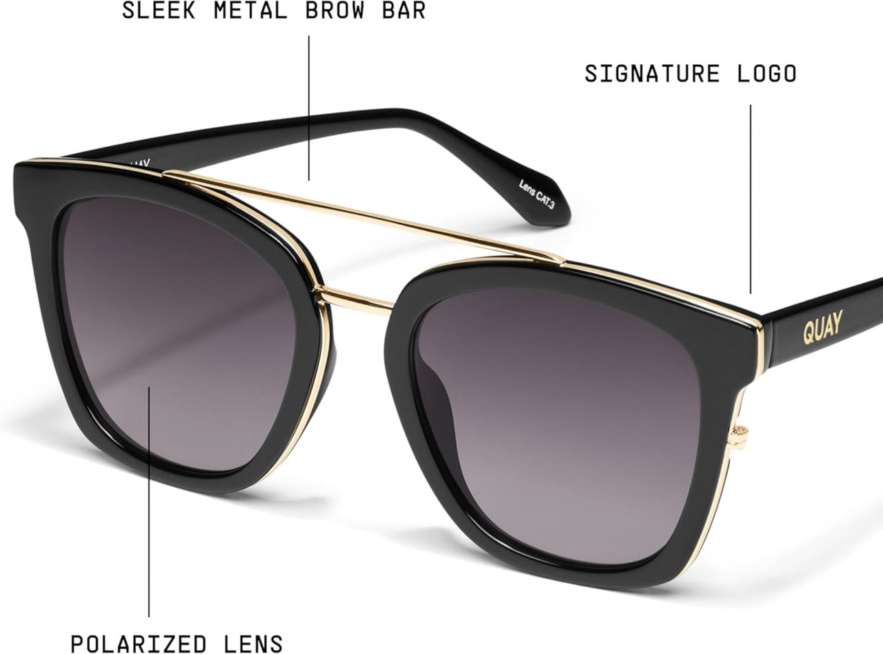 Close Up View of QUAY Australia Sweet Dreams Unisex Panthos Sunglasses Gloss Black/Smoke Grey 54mm