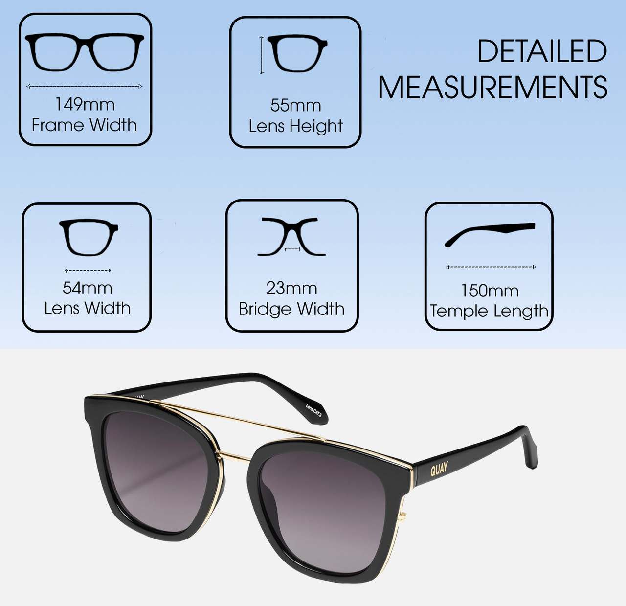 Dimensions and Measurements Illustration of QUAY Sweet Dreams Unisex Panthos Polarized Sunglasses Gloss Black 54mm 10 OPTIONS