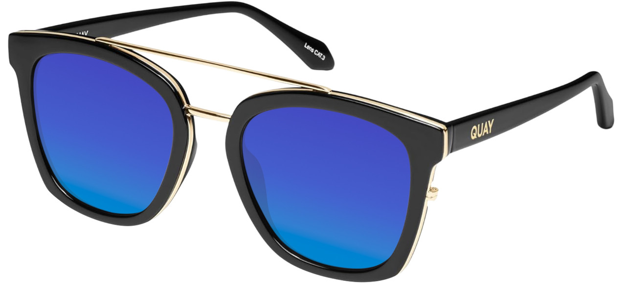 Profile View of QUAY Australia Sweet Dreams Designer Polarized Sunglasses with Custom Cut Blue Mirror Lenses in Gloss Black Unisex Panthos Full Rim Acetate 54 mm
