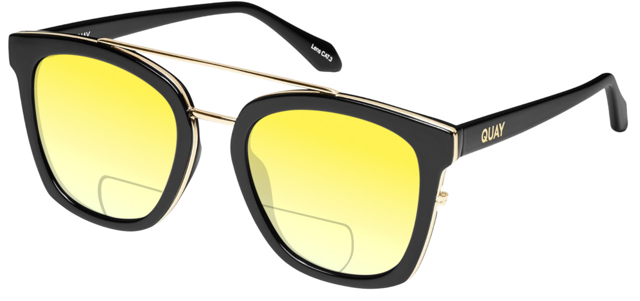 Profile View of QUAY Australia Sweet Dreams Designer Polarized Reading Sunglasses with Custom Cut Powered Sun Flower Yellow Lenses in Gloss Black Unisex Panthos Full Rim Acetate 54 mm