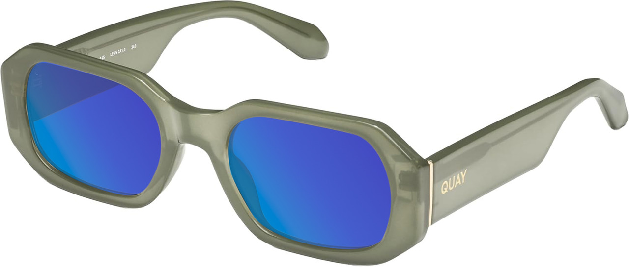 Profile View of QUAY Australia Hyped Up Designer Polarized Sunglasses with Custom Cut Blue Mirror Lenses in Crystal Jade Green Unisex Hexagonal Full Rim Acetate 53 mm