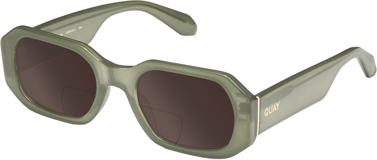 Profile View of QUAY Australia Hyped Up Designer Polarized Reading Sunglasses with Custom Cut Powered Amber Brown Lenses in Crystal Jade Green Unisex Hexagonal Full Rim Acetate 53 mm
