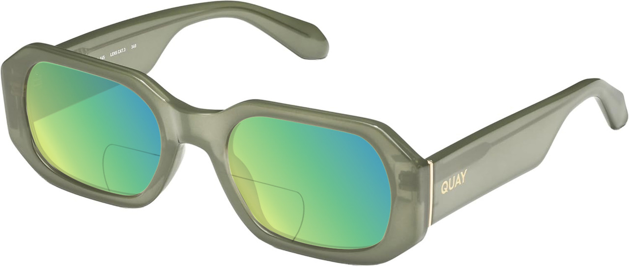 Profile View of QUAY Australia Hyped Up Designer Polarized Reading Sunglasses with Custom Cut Powered Green Mirror Lenses in Crystal Jade Green Unisex Hexagonal Full Rim Acetate 53 mm