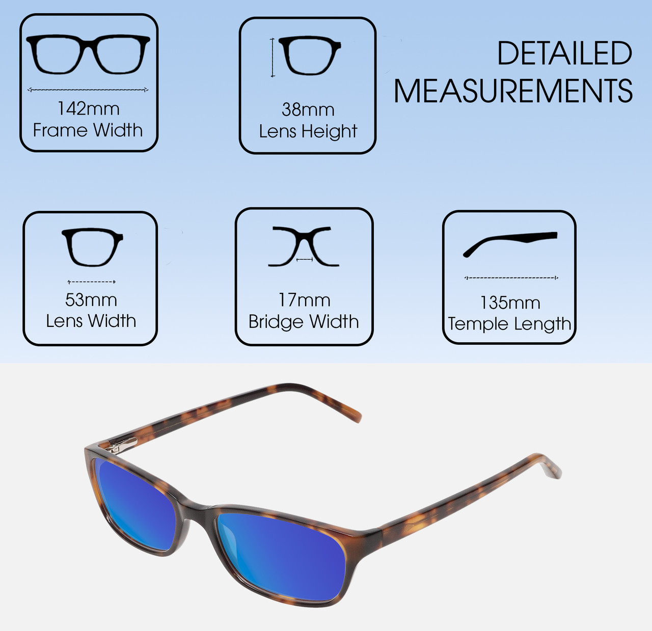 Dimensions and Measurements Illustration of Jones New York J730 Designer Polarized Sunglasses with Custom Cut Blue Mirror Lenses in Black Crystal Layer Ladies Cat Eye Full Rim Acetate 53 mm