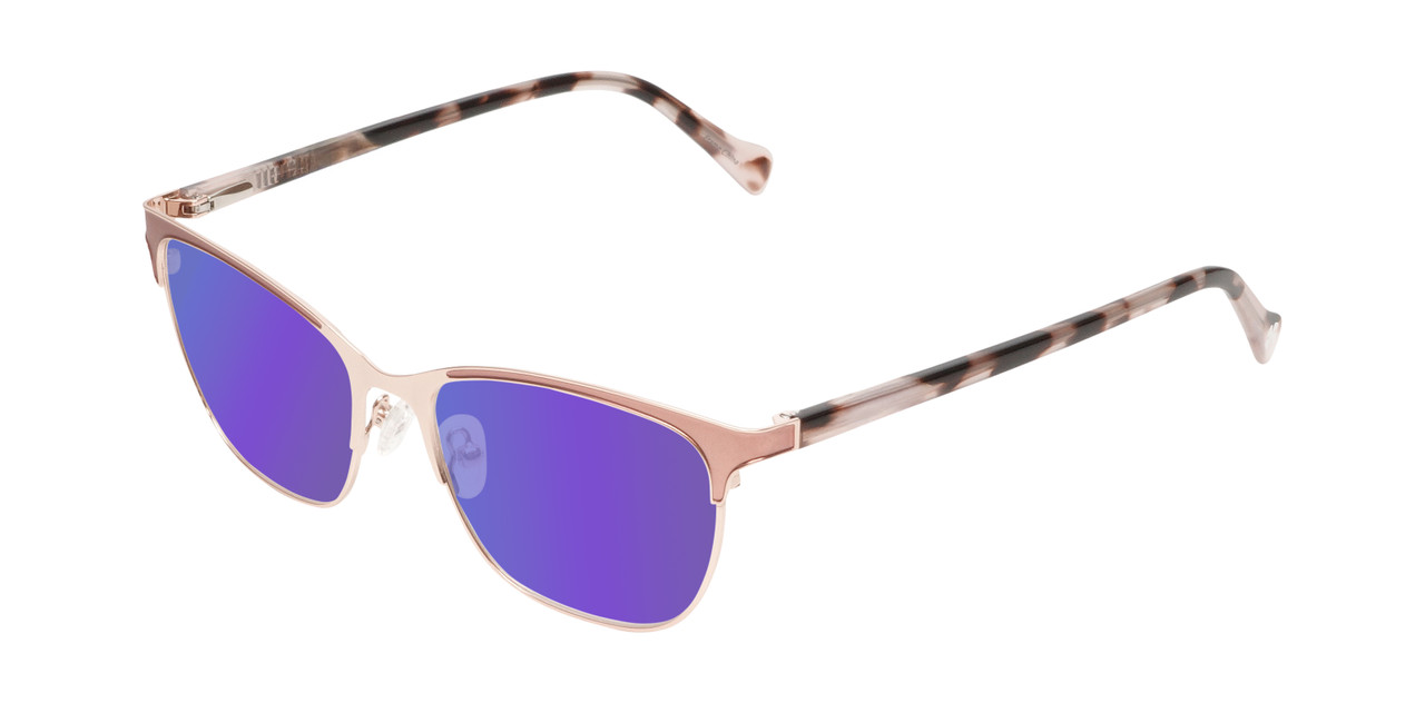 Lucky Brand D114 Women's Cat Eye Polarized Sunglasses in Rose Gold Marble 53 mm with Custom Cut Purple Mirror Lenses