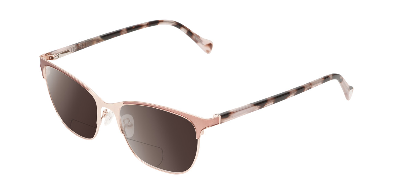 Profile View of Lucky Brand D114 Designer Polarized Reading Sunglasses with Custom Cut Powered Amber Brown Lenses in Rose Gold Marble Ladies Cat Eye Full Rim Metal 53 mm