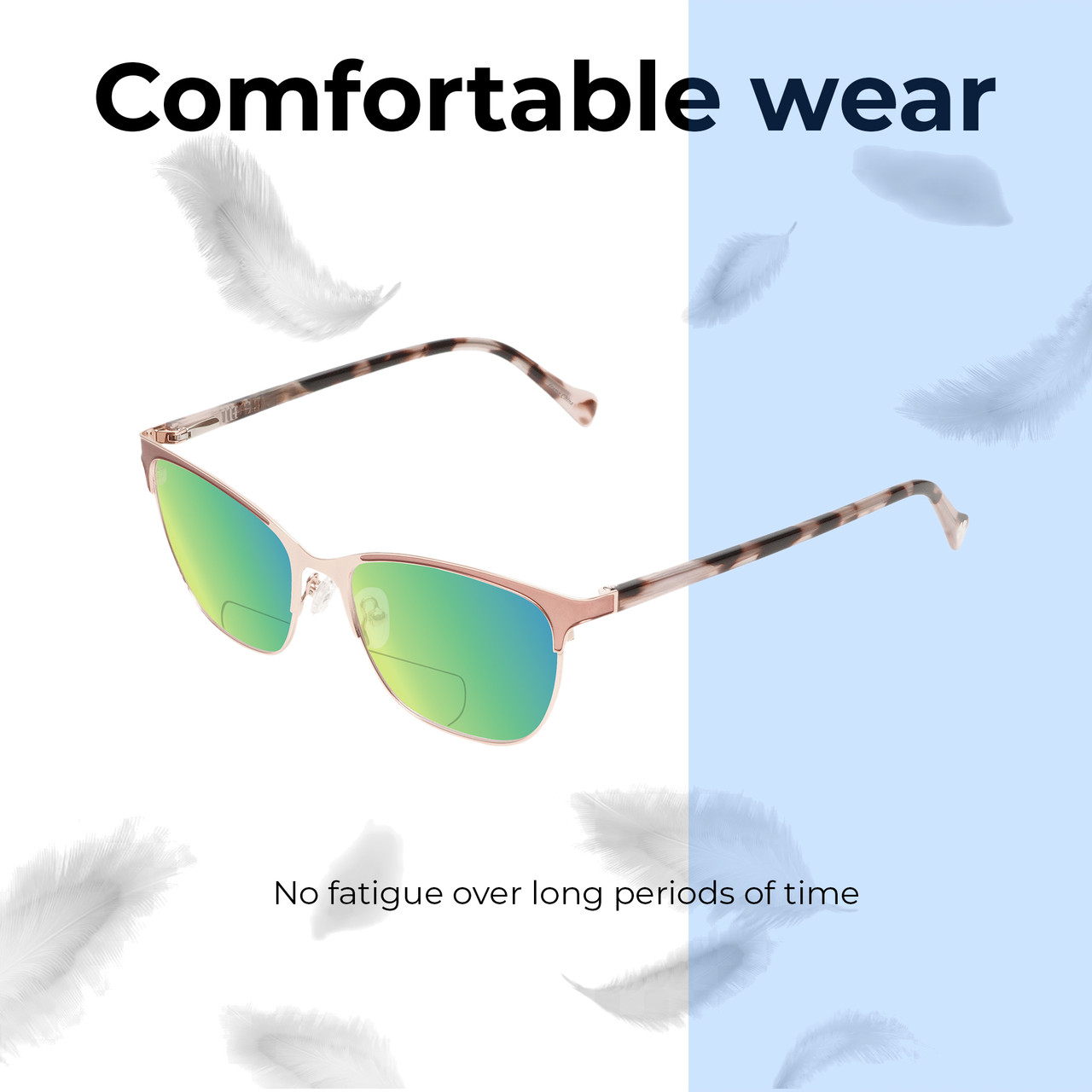 Lightweight Construction Illustration of Lucky Brand D114 Designer Polarized Reading Sunglasses with Custom Cut Powered Green Mirror Lenses in Rose Gold Marble Ladies Cat Eye Full Rim Metal 53 mm