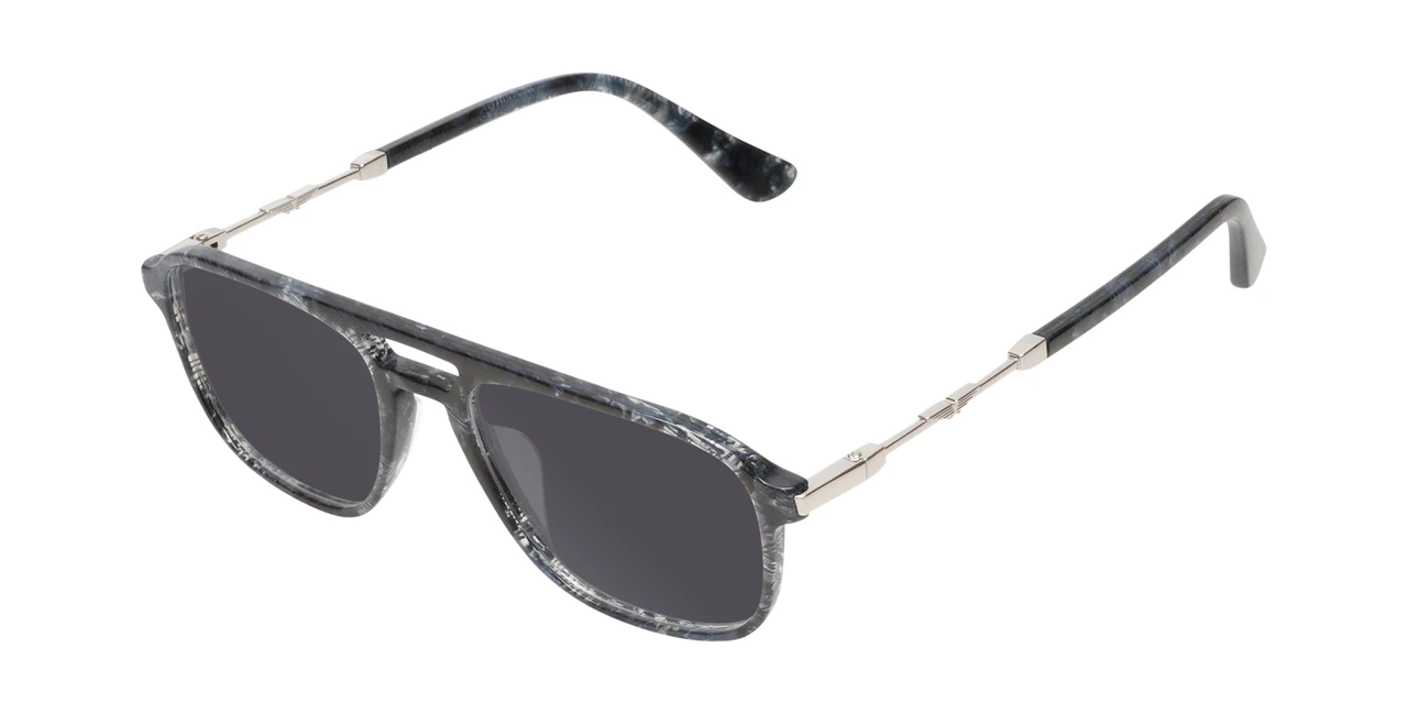 Profile View of Police VPLD13 Designer Polarized Sunglasses with Custom Cut Smoke Grey Lenses in Shiny Blue Marble Mens Pilot Full Rim Acetate 53 mm