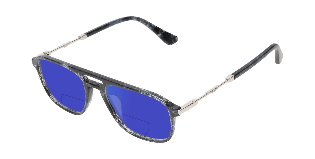 Profile View of Police VPLD13 Designer Polarized Reading Sunglasses with Custom Cut Powered Blue Mirror Lenses in Shiny Blue Marble Mens Pilot Full Rim Acetate 53 mm