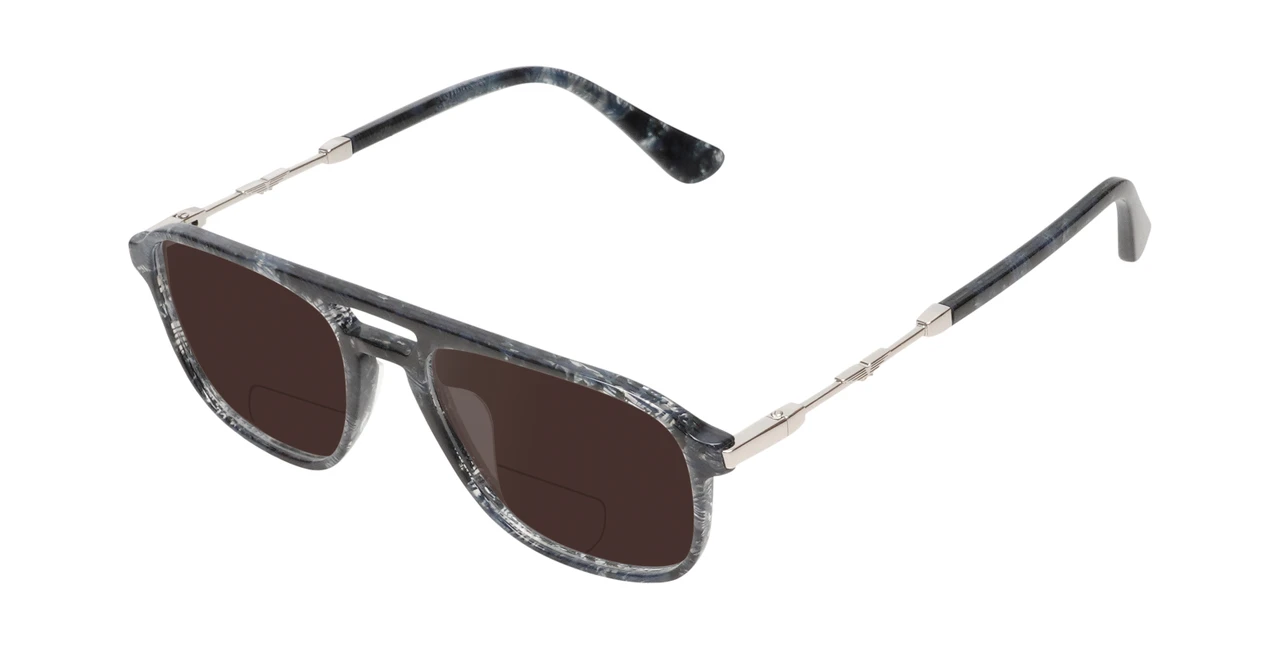 Profile View of Police VPLD13 Designer Polarized Reading Sunglasses with Custom Cut Powered Amber Brown Lenses in Shiny Blue Marble Mens Pilot Full Rim Acetate 53 mm