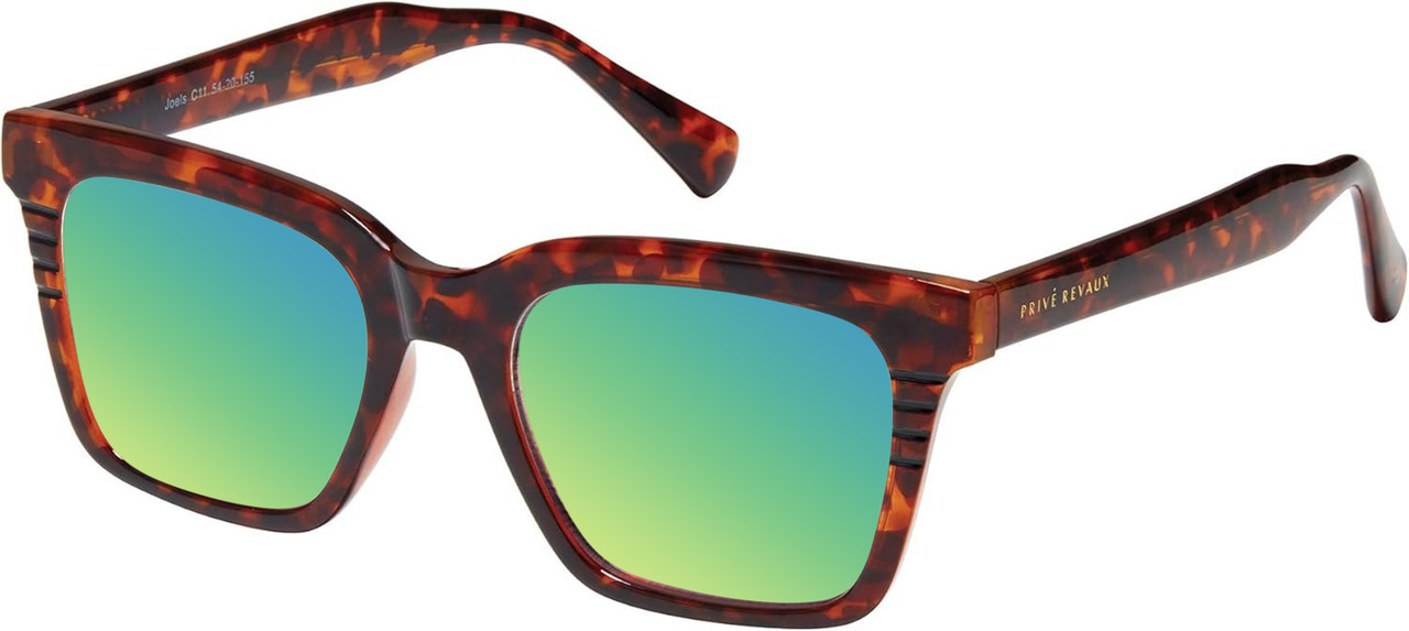 Prive Revaux Joels Unisex Square Polarized Sunglasses Brown Tortoise Havana 54mm with Custom Cut Green Mirror Lenses