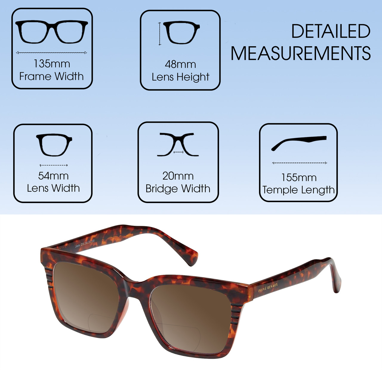 Dimensions and Measurements Illustration of Prive Revaux Joels Designer Polarized Reading Sunglasses with Custom Cut Powered Amber Brown Lenses in Brown Tortoise Havana Unisex Square Full Rim Acetate 54 mm