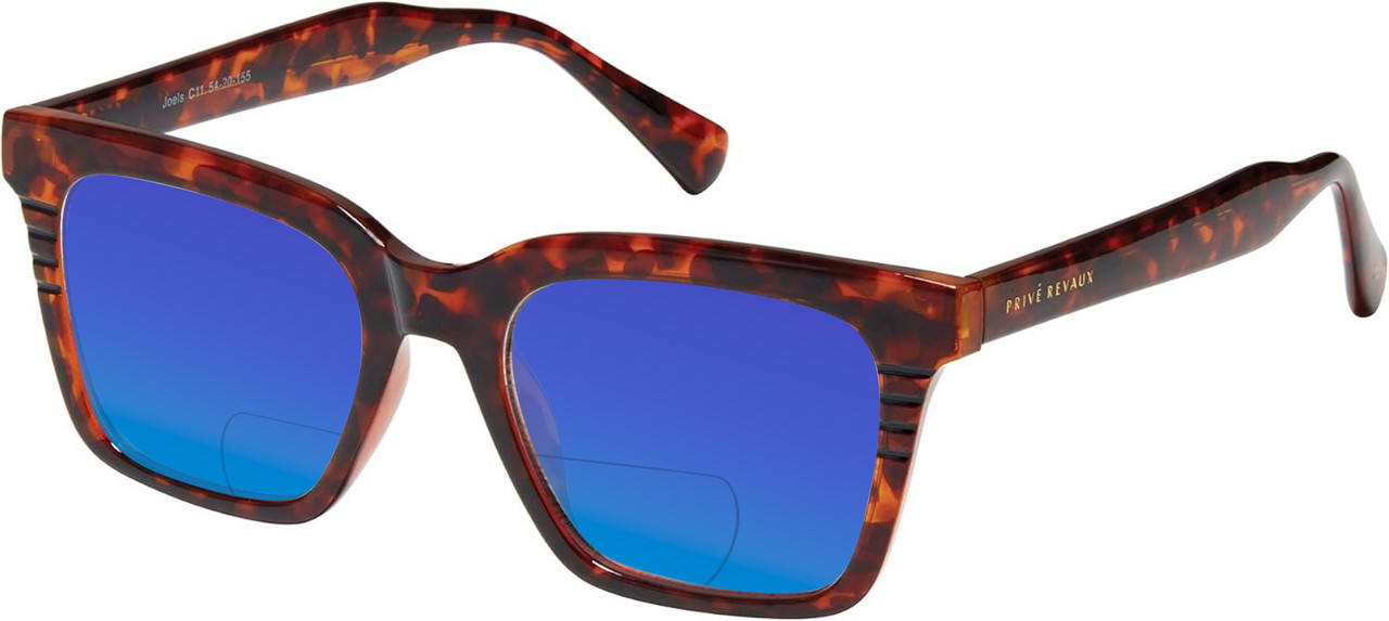 Profile View of Prive Revaux Joels Designer Polarized Reading Sunglasses with Custom Cut Powered Blue Mirror Lenses in Brown Tortoise Havana Unisex Square Full Rim Acetate 54 mm