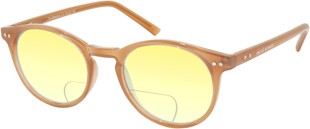 Profile View of Prive Revaux Maestro Designer Polarized Reading Sunglasses with Custom Cut Powered Sun Flower Yellow Lenses in Classic Nude Crystal Brown Unisex Round Full Rim Acetate 48 mm
