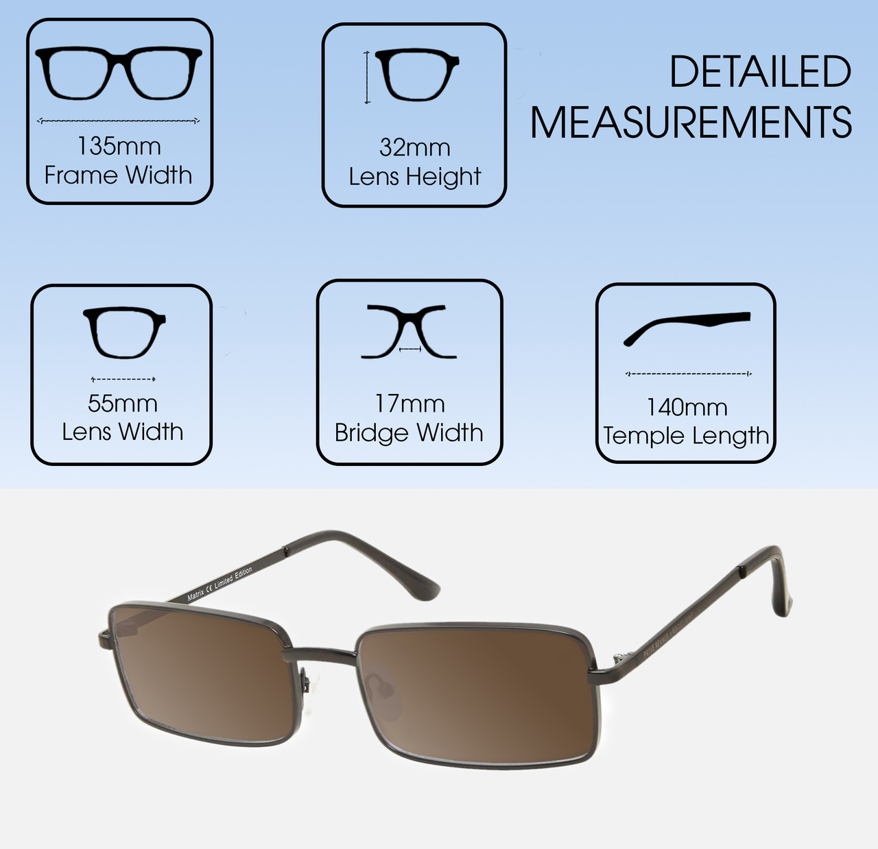 Dimensions and Measurements Illustration of Prive Revaux Matrix Designer Polarized Sunglasses with Custom Cut Amber Brown Lenses in Caviar Black Unisex Rectangular Full Rim Metal 55 mm