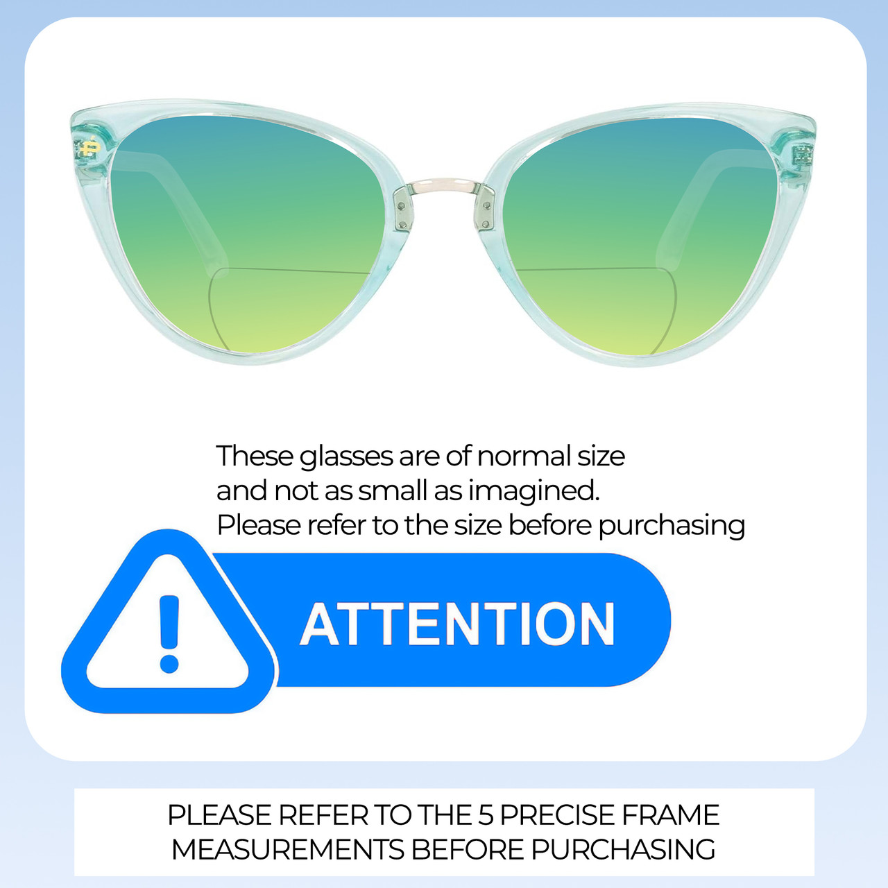 Size Awareness Illustration of Prive Revaux Modern Designer Polarized Reading Sunglasses with Custom Cut Powered Green Mirror Lenses in Baby Blue Ladies Cat Eye Full Rim Acetate 53 mm