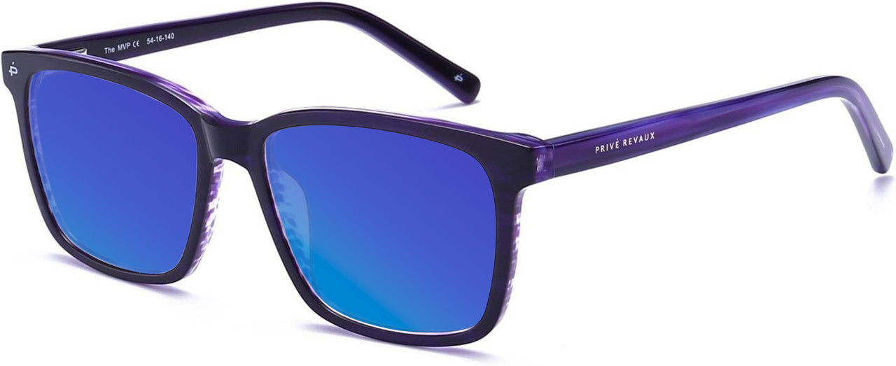Profile View of Prive Revaux MVP Designer Polarized Sunglasses with Custom Cut Blue Mirror Lenses in Midnight Plum Purple Unisex Square Full Rim Acetate 54 mm