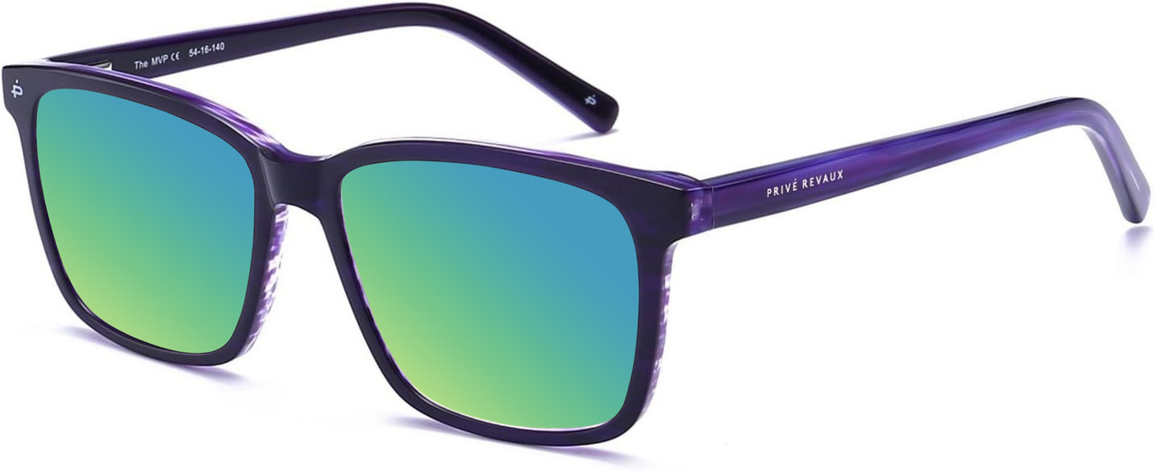 Prive Revaux MVP Unisex Square Polarized Sunglasses in Midnight Plum Purple 54mm with Custom Cut Green Mirror Lenses