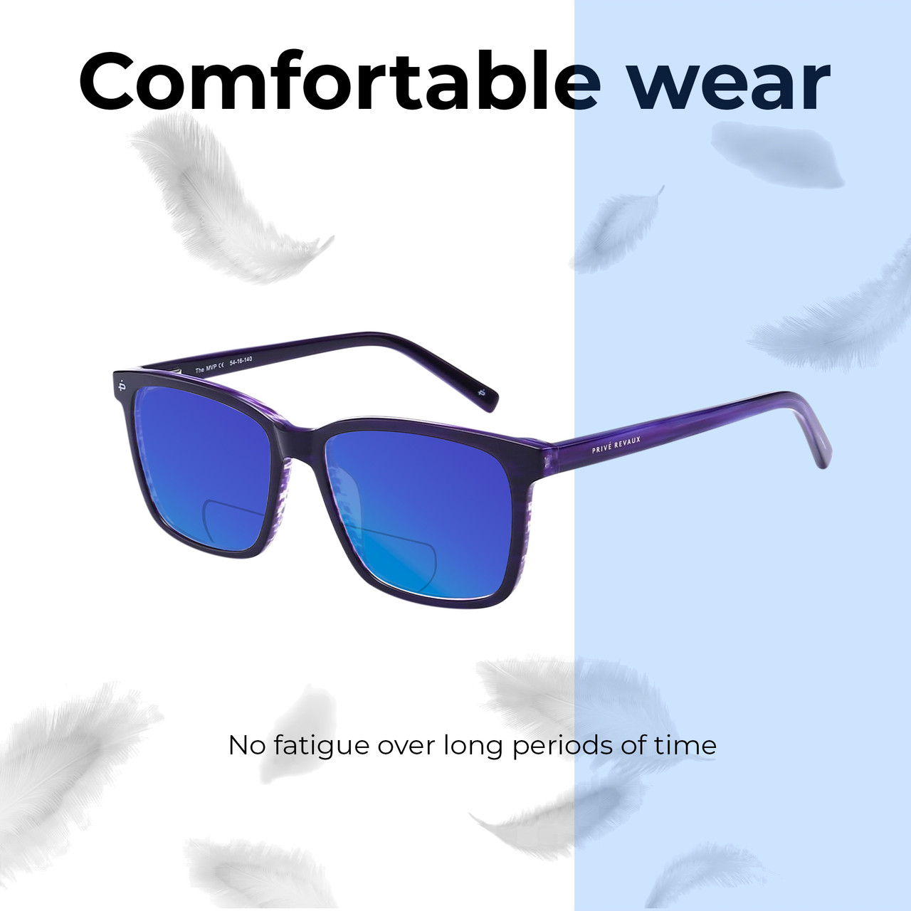 Lightweight Construction Illustration of Prive Revaux MVP Designer Polarized Reading Sunglasses with Custom Cut Powered Blue Mirror Lenses in Midnight Plum Purple Unisex Square Full Rim Acetate 54 mm