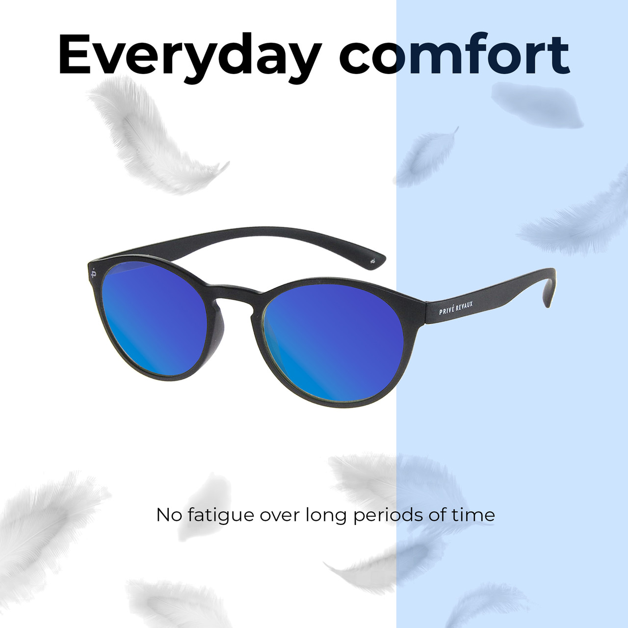 Lightweight Construction Illustration of Prive Revaux Plato Designer Polarized Sunglasses with Custom Cut Blue Mirror Lenses in Matte Caviar Black Unisex Round Full Rim Acetate 49 mm