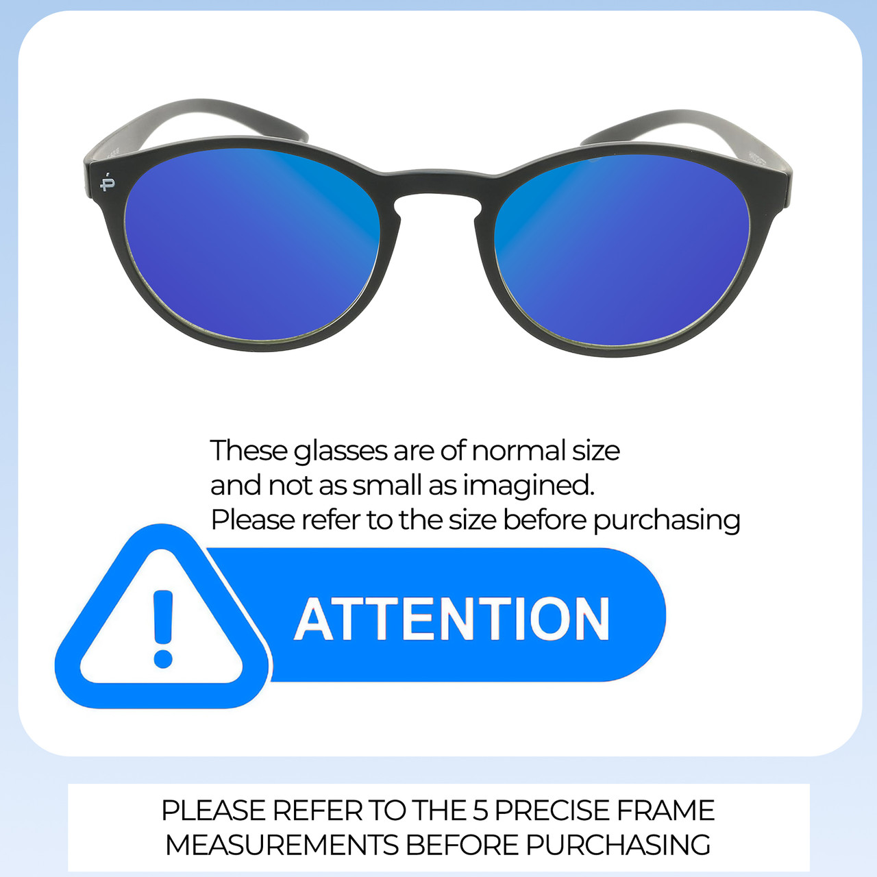 Size Awareness Illustration of Prive Revaux Plato Designer Polarized Sunglasses with Custom Cut Blue Mirror Lenses in Matte Caviar Black Unisex Round Full Rim Acetate 49 mm