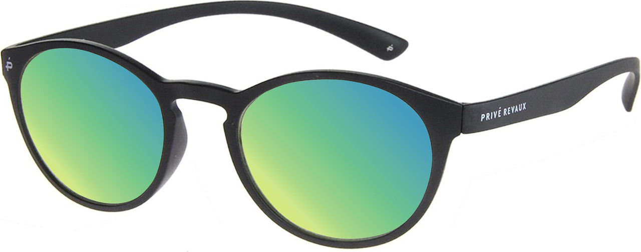 Prive Revaux Plato Unisex Round Polarized Sunglasses in Matte Caviar Black 49 mm with Custom Cut Green Mirror Lenses