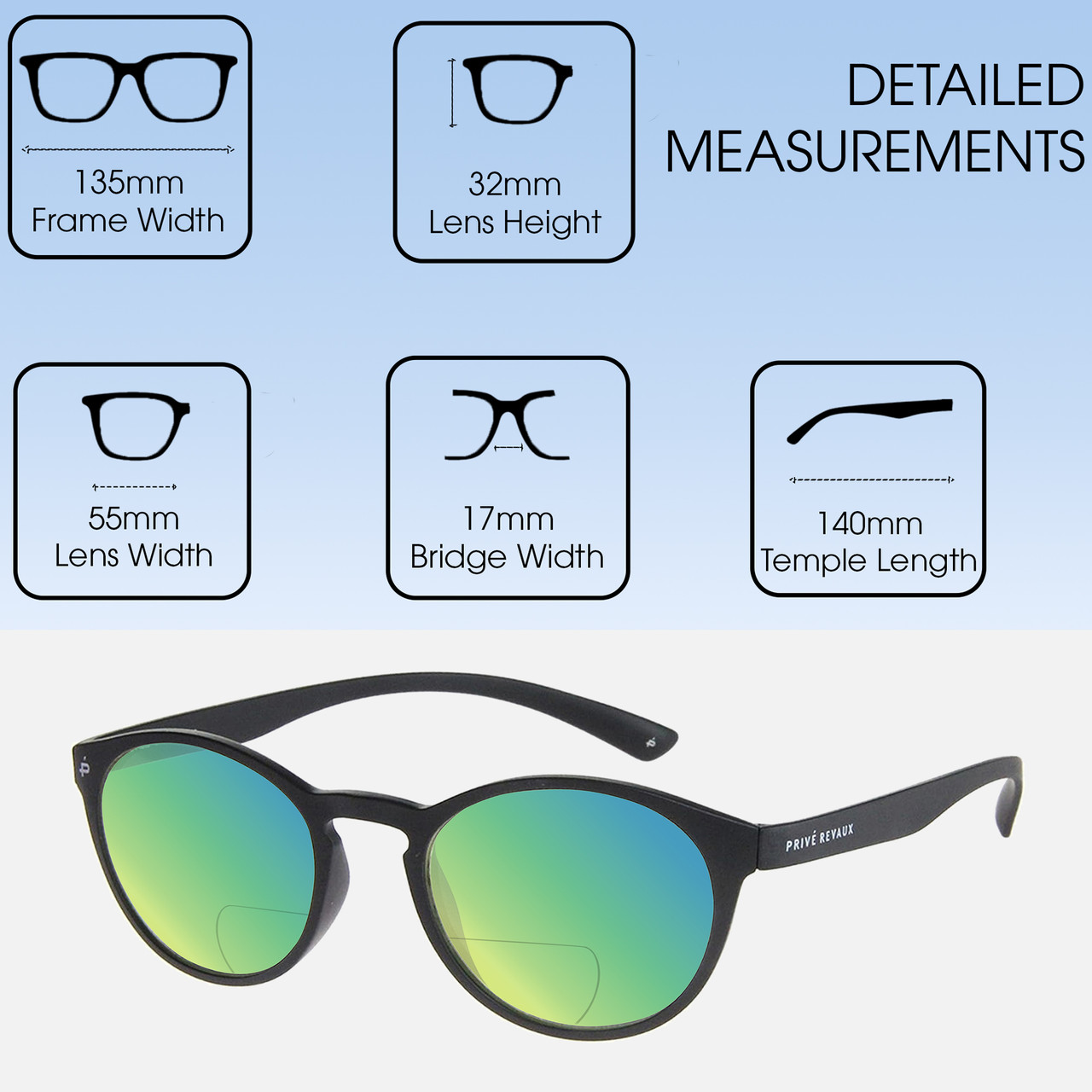 Dimensions and Measurements Illustration of Prive Revaux Plato Designer Polarized Reading Sunglasses with Custom Cut Powered Green Mirror Lenses in Matte Caviar Black Unisex Round Full Rim Acetate 49 mm