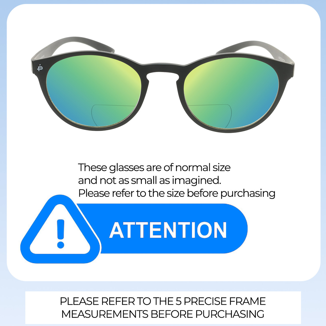 Size Awareness Illustration of Prive Revaux Plato Designer Polarized Reading Sunglasses with Custom Cut Powered Green Mirror Lenses in Matte Caviar Black Unisex Round Full Rim Acetate 49 mm