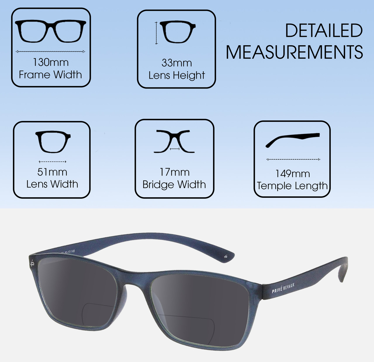 Dimensions and Measurements Illustration of Prive Revaux Socrates Designer Polarized Reading Sunglasses with Custom Cut Powered Smoke Grey Lenses in Royal Blue Unisex Panthos Full Rim Acetate 51 mm