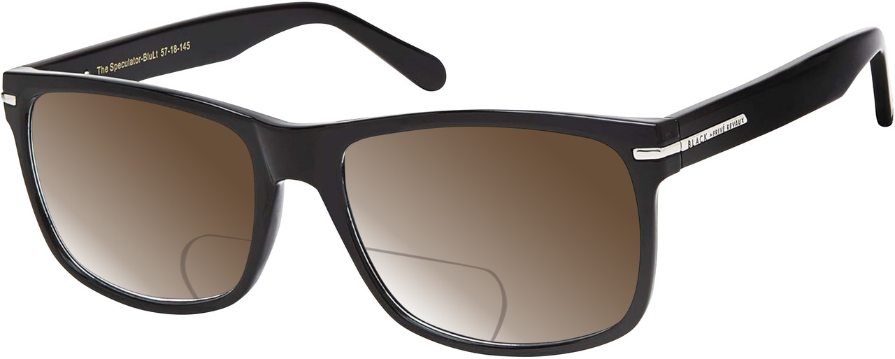 Profile View of Prive Revaux Speculator Designer Polarized Reading Sunglasses with Custom Cut Powered Amber Brown Lenses in Caviar Black Unisex Square Full Rim Acetate 57 mm