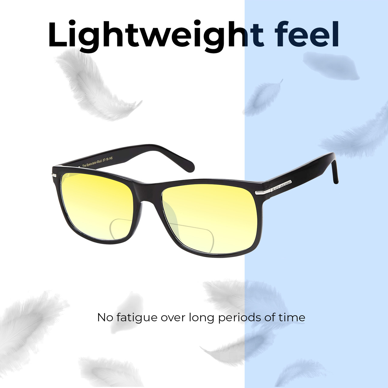Lightweight Construction Illustration of Prive Revaux Speculator Designer Polarized Reading Sunglasses with Custom Cut Powered Sun Flower Yellow Lenses in Caviar Black Unisex Square Full Rim Acetate 57 mm