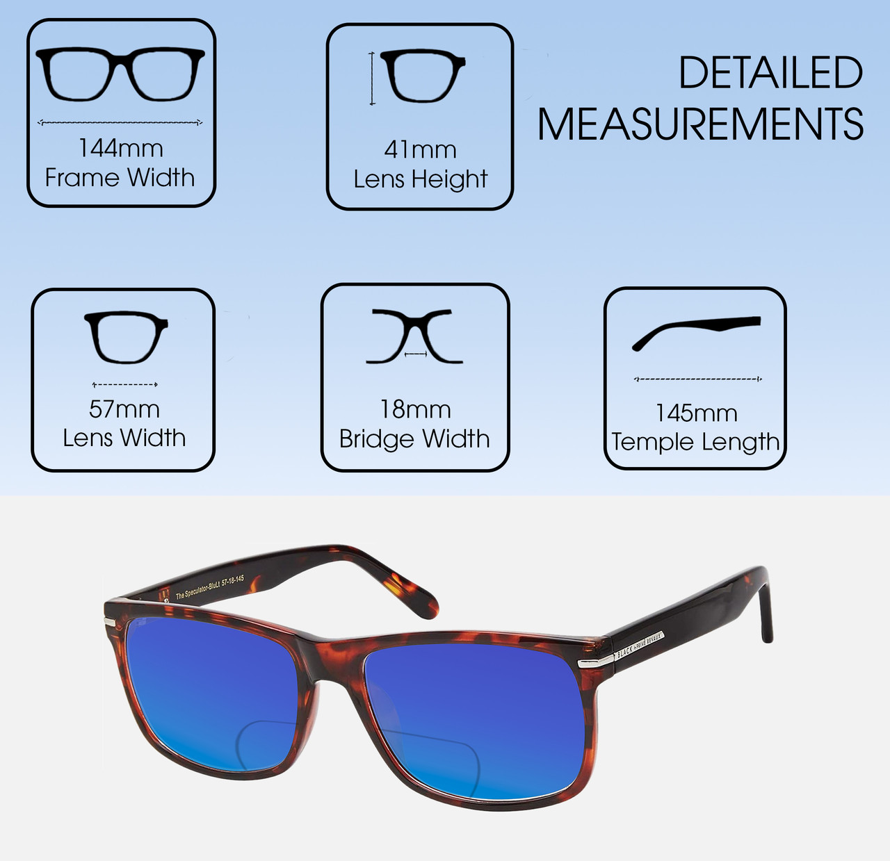 Dimensions and Measurements Illustration of Prive Revaux Speculator Designer Polarized Reading Sunglasses with Custom Cut Powered Blue Mirror Lenses in Chestnut Brown Tortoise Havana Unisex Square Full Rim Acetate 57 mm