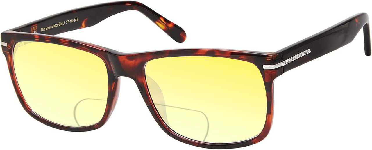 Profile View of Prive Revaux Speculator Designer Polarized Reading Sunglasses with Custom Cut Powered Sun Flower Yellow Lenses in Chestnut Brown Tortoise Havana Unisex Square Full Rim Acetate 57 mm