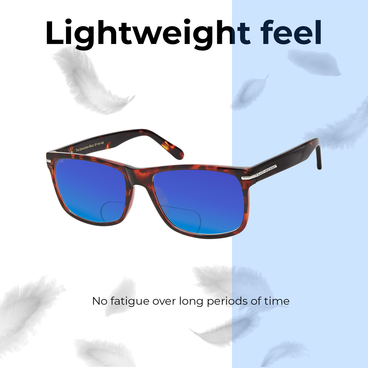 Lightweight Construction Illustration of Prive Revaux Speculator Designer Polarized Reading Sunglasses with Custom Cut Powered Blue Mirror Lenses in Chestnut Brown Tortoise Havana Unisex Square Full Rim Acetate 57 mm
