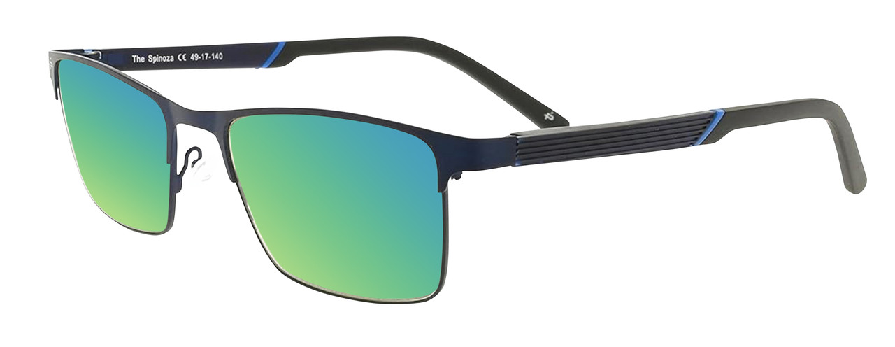 Prive Revaux Spinoza Unisex Rectangular Polarized Sunglasses Midnight Blue 49 mm with Custom Cut Green Mirror Lenses