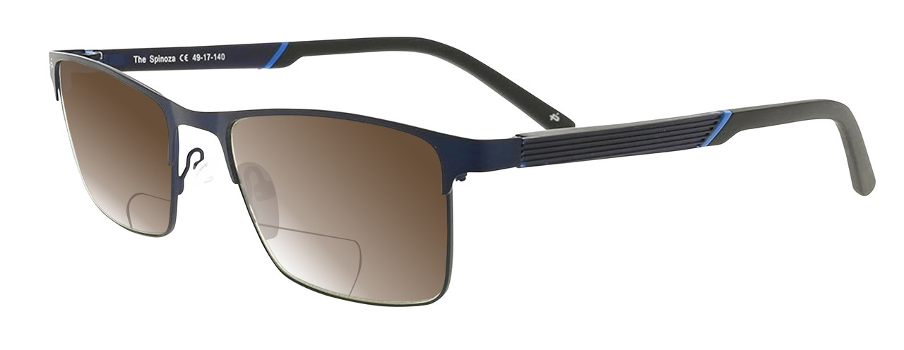 Profile View of Prive Revaux Spinoza Designer Polarized Reading Sunglasses with Custom Cut Powered Amber Brown Lenses in Midnight Blue Unisex Rectangular Full Rim Metal 49 mm