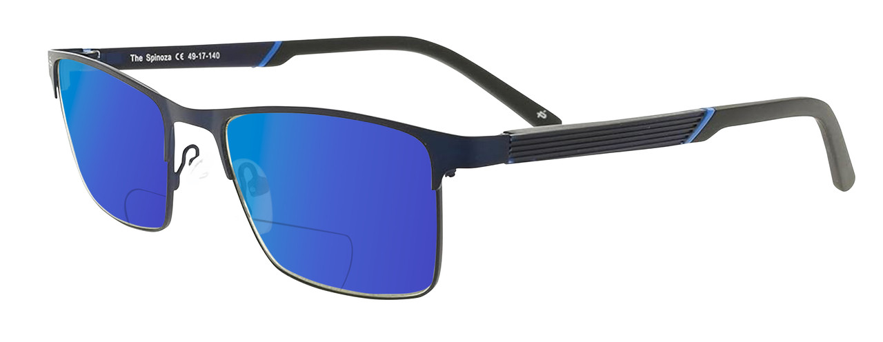 Profile View of Prive Revaux Spinoza Designer Polarized Reading Sunglasses with Custom Cut Powered Blue Mirror Lenses in Midnight Blue Unisex Rectangular Full Rim Metal 49 mm