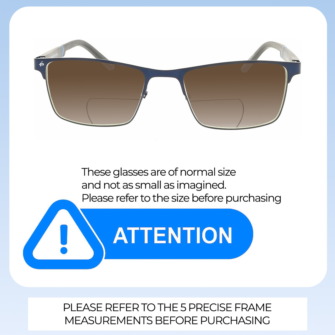 Size Awareness Illustration of Prive Revaux Spinoza Designer Polarized Reading Sunglasses with Custom Cut Powered Amber Brown Lenses in Midnight Blue Unisex Rectangular Full Rim Metal 49 mm