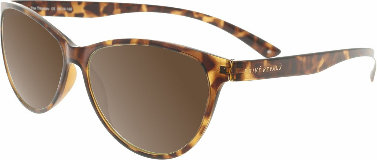Profile View of Prive Revaux Thoreau Designer Polarized Sunglasses with Custom Cut Amber Brown Lenses in Chestnut Brown Tortoise Havana Ladies Cat Eye Full Rim Acetate 54 mm