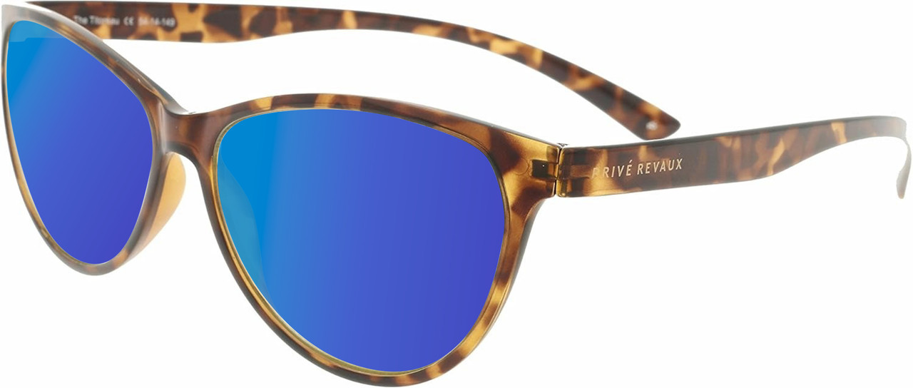 Profile View of Prive Revaux Thoreau Designer Polarized Sunglasses with Custom Cut Blue Mirror Lenses in Chestnut Brown Tortoise Havana Ladies Cat Eye Full Rim Acetate 54 mm