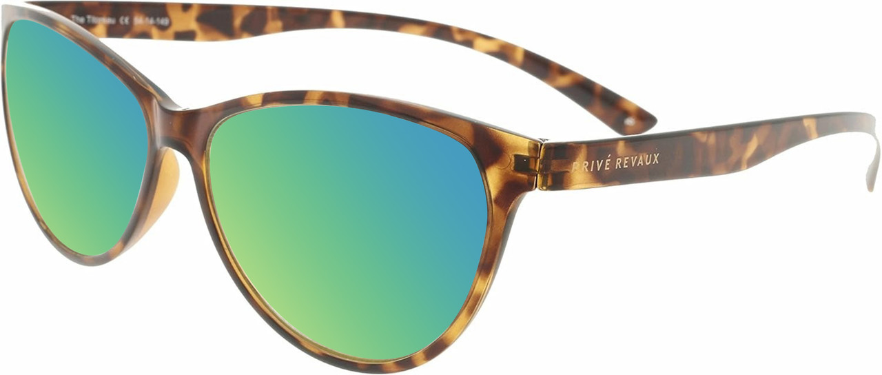 Prive Revaux Thoreau Cat Eye Polarized Sunglasses in Brown Tortoise Havana 54 mm with Custom Cut Green Mirror Lenses