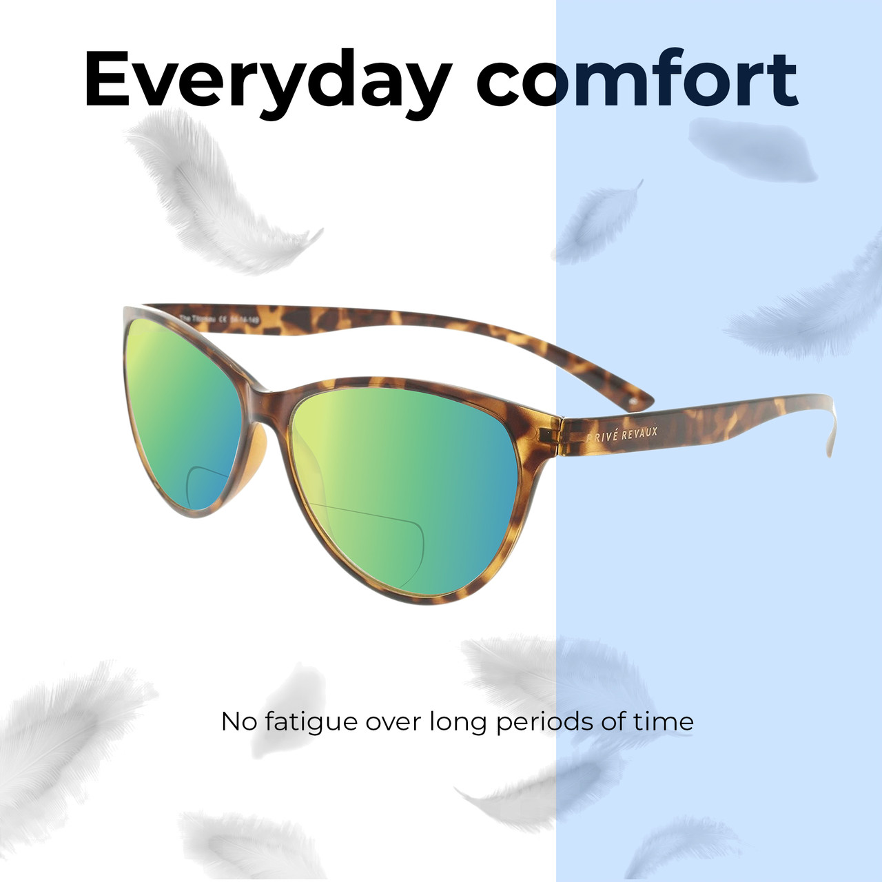 Lightweight Construction Illustration of Prive Revaux Thoreau Designer Polarized Reading Sunglasses with Custom Cut Powered Green Mirror Lenses in Chestnut Brown Tortoise Havana Ladies Cat Eye Full Rim Acetate 54 mm