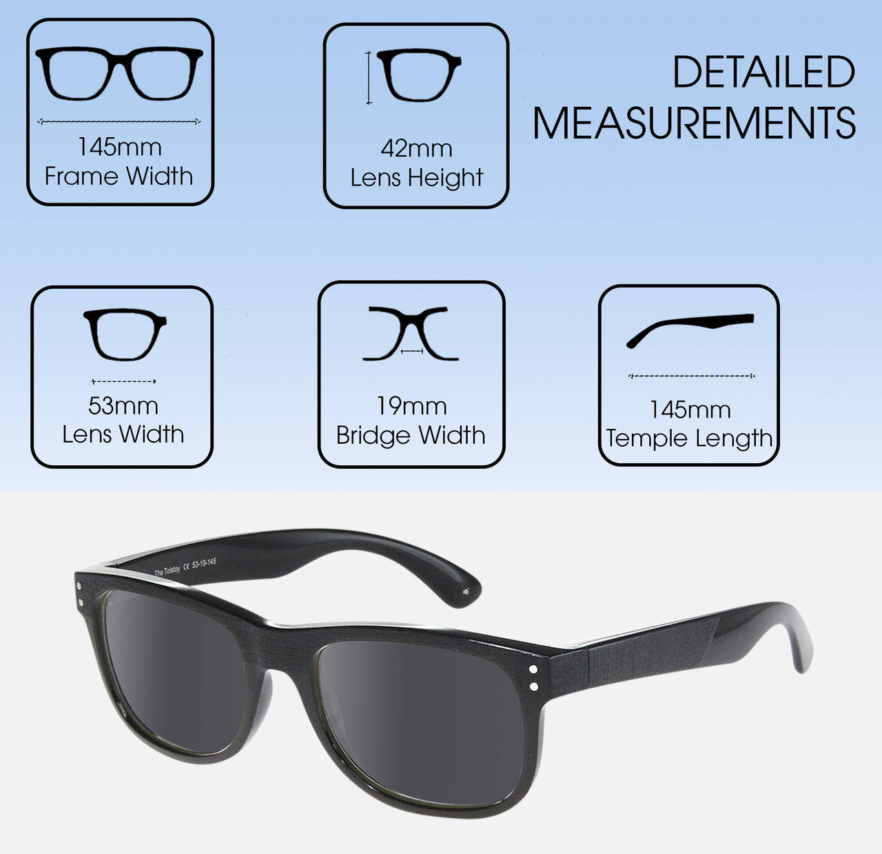 Dimensions and Measurements Illustration of Prive Revaux Tolstoy Designer Polarized Sunglasses with Custom Cut Smoke Grey Lenses in Caviar Black Unisex Panthos Full Rim Acetate 53 mm